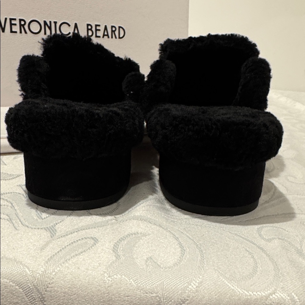 Veronica Beard Black Shearling-Trim Leather Cap-Toe Mules - Picture 12 of 15